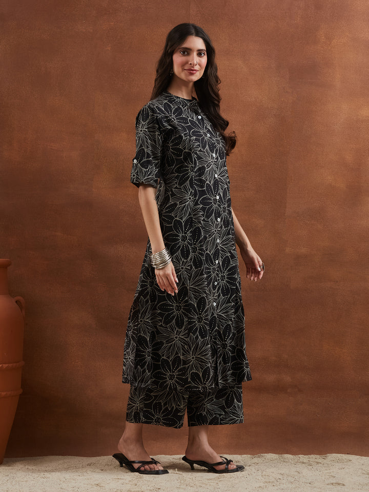 Divena Floral Printed Cotton Black A-Line  Kurta Pant Sets