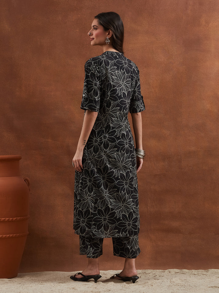 Divena Floral Printed Cotton Black A-Line  Kurta Pant Sets