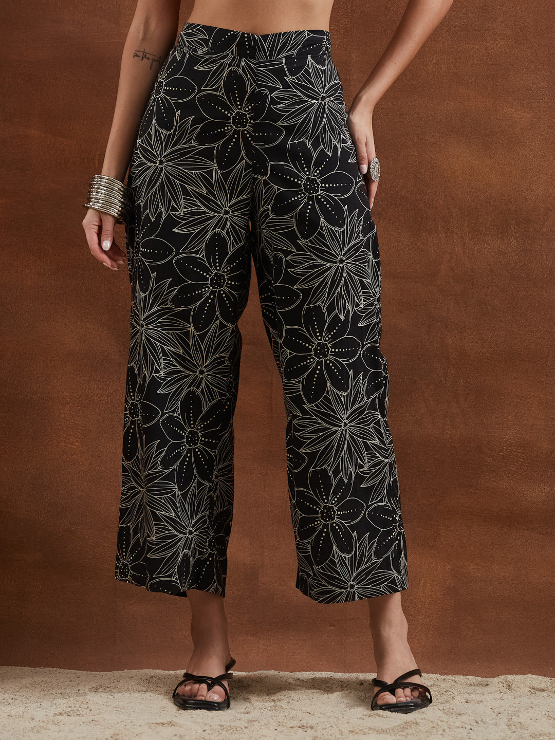 Divena Floral Printed Cotton Black A-Line  Kurta Pant Sets
