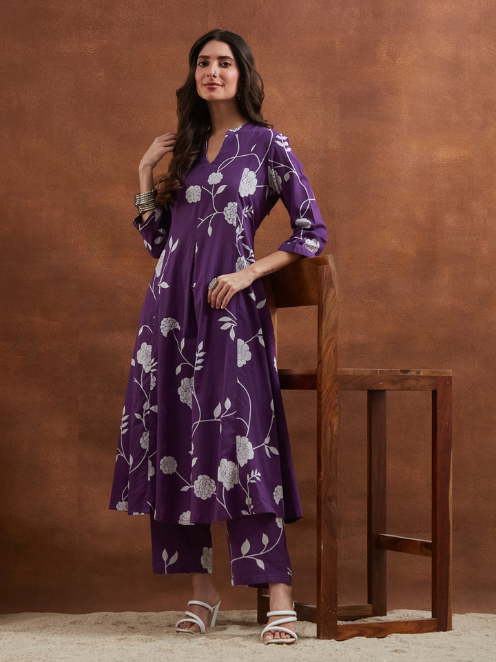 Divena Women Purple Floral Printed Pure Cotton A-Line Anarkali Kurta with Pants