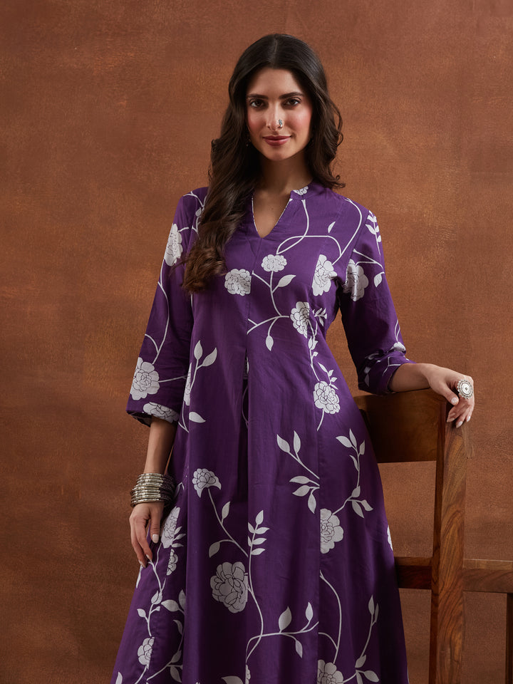 Divena Women Purple Floral Printed Pure Cotton A-Line Anarkali Kurta with Pants