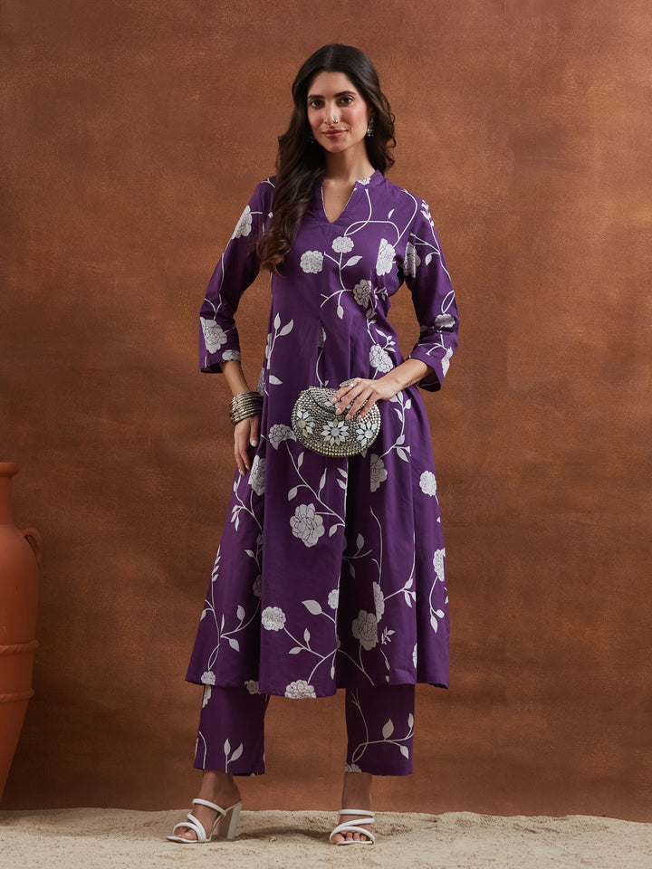 Divena Women Purple Floral Printed Pure Cotton A-Line Anarkali Kurta with Pants