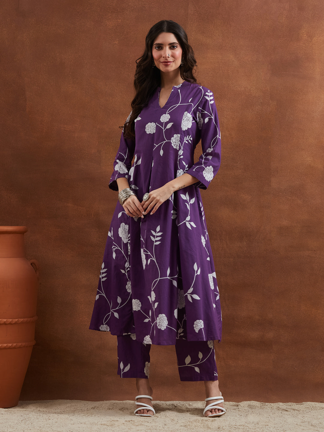Divena Women Purple Floral Printed Pure Cotton A-Line Anarkali Kurta with Pants