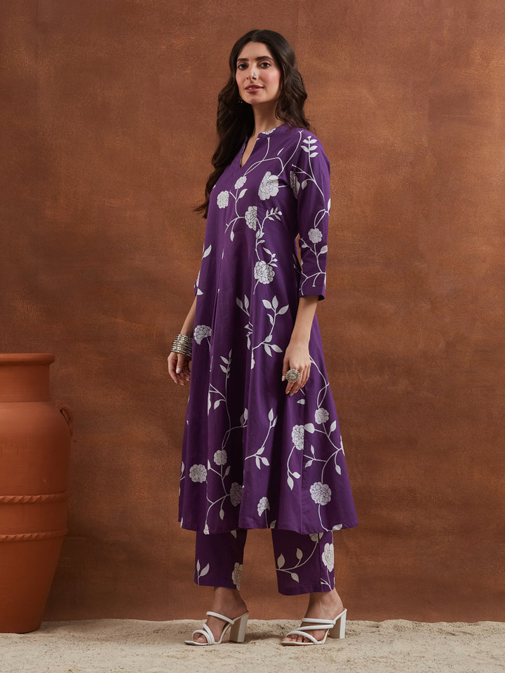 Divena Women Purple Floral Printed Pure Cotton A-Line Anarkali Kurta with Pants