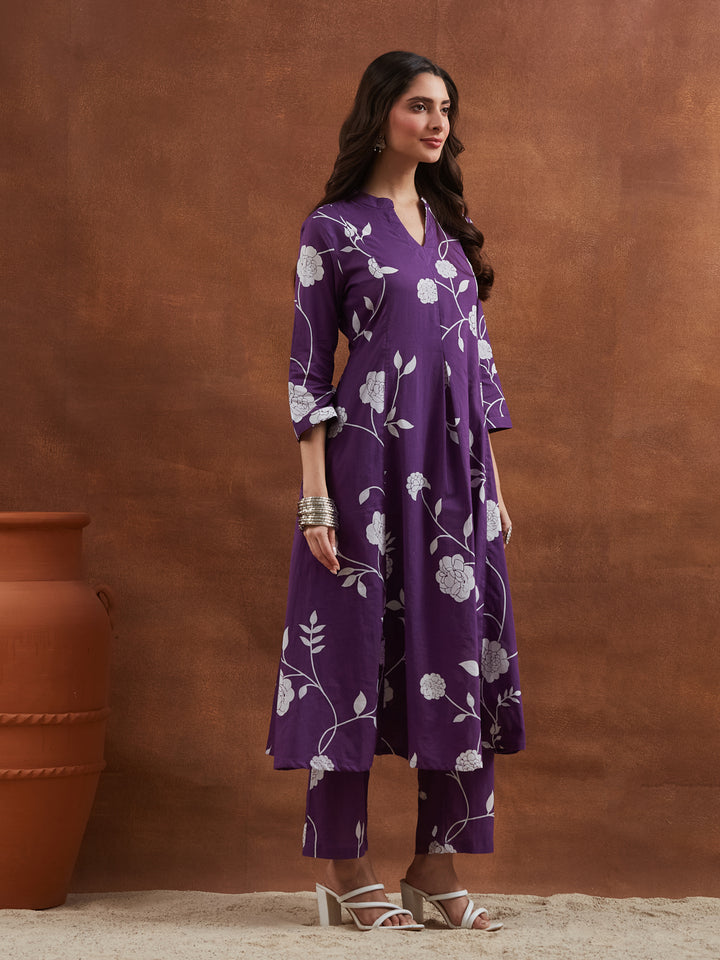 Divena Women Purple Floral Printed Pure Cotton A-Line Anarkali Kurta with Pants
