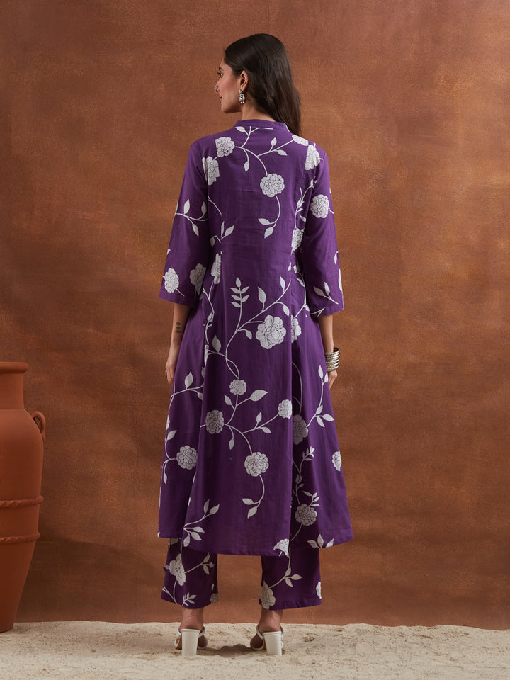 Divena Women Purple Floral Printed Pure Cotton A-Line Anarkali Kurta with Pants