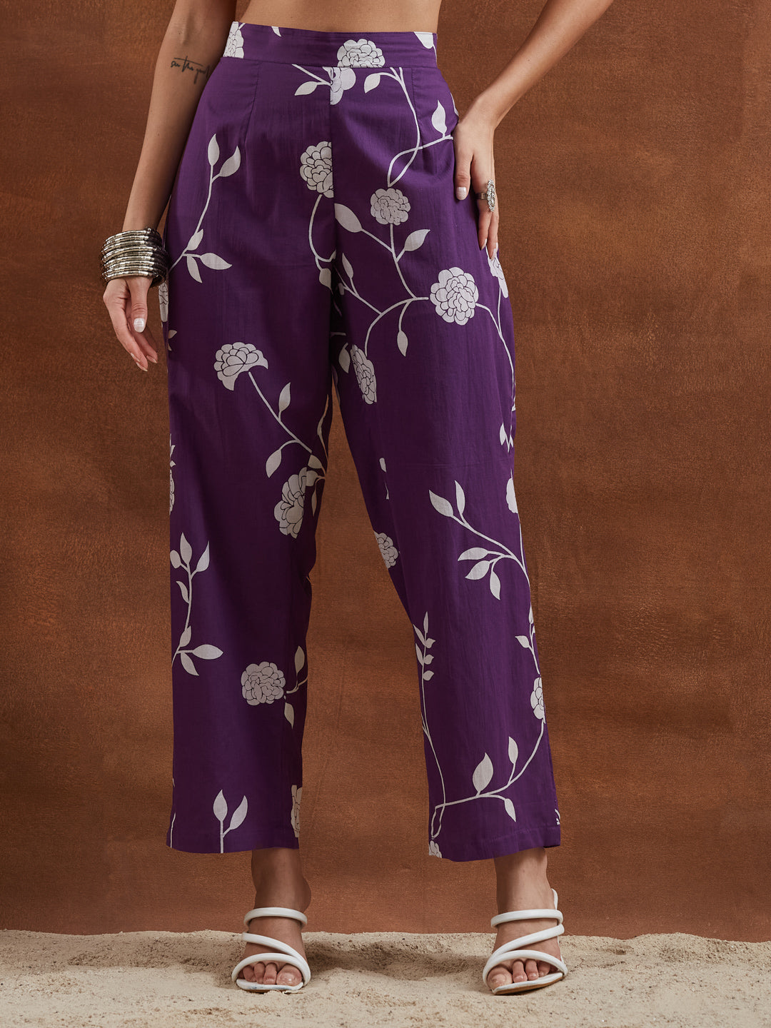 Divena Women Purple Floral Printed Pure Cotton A-Line Anarkali Kurta with Pants