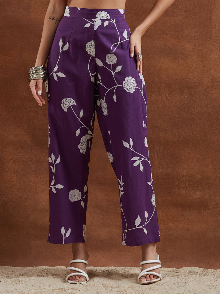 Divena Women Purple Floral Printed Pure Cotton A-Line Anarkali Kurta with Pants