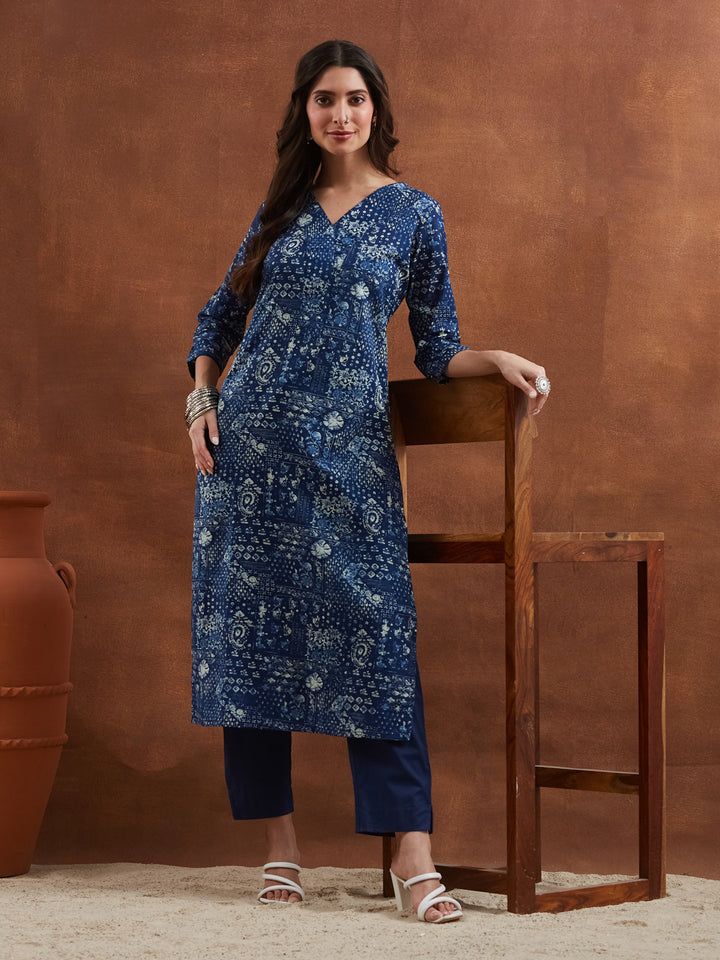 Divena Floral Printed Cotton Blue Straight Fit  Kurta Pant Sets