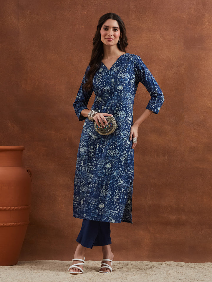 Divena Floral Printed Cotton Blue Straight Fit  Kurta Pant Sets