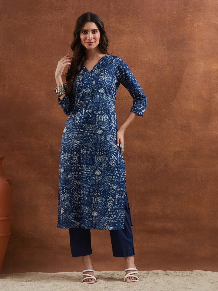 Divena Floral Printed Cotton Blue Straight Fit  Kurta Pant Sets