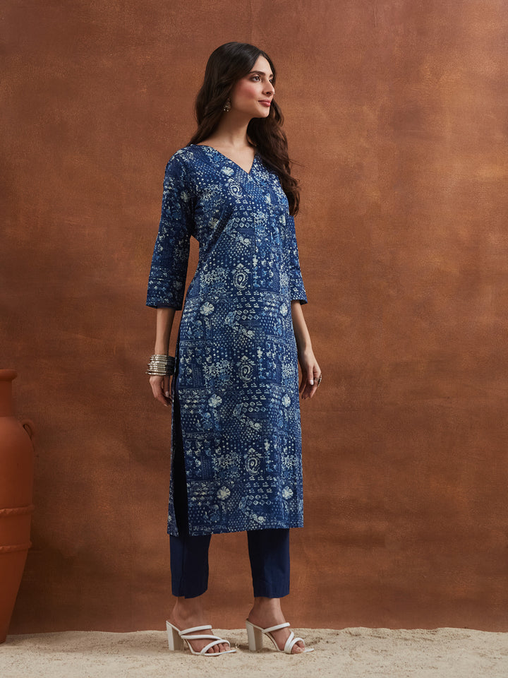 Divena Floral Printed Cotton Blue Straight Fit  Kurta Pant Sets