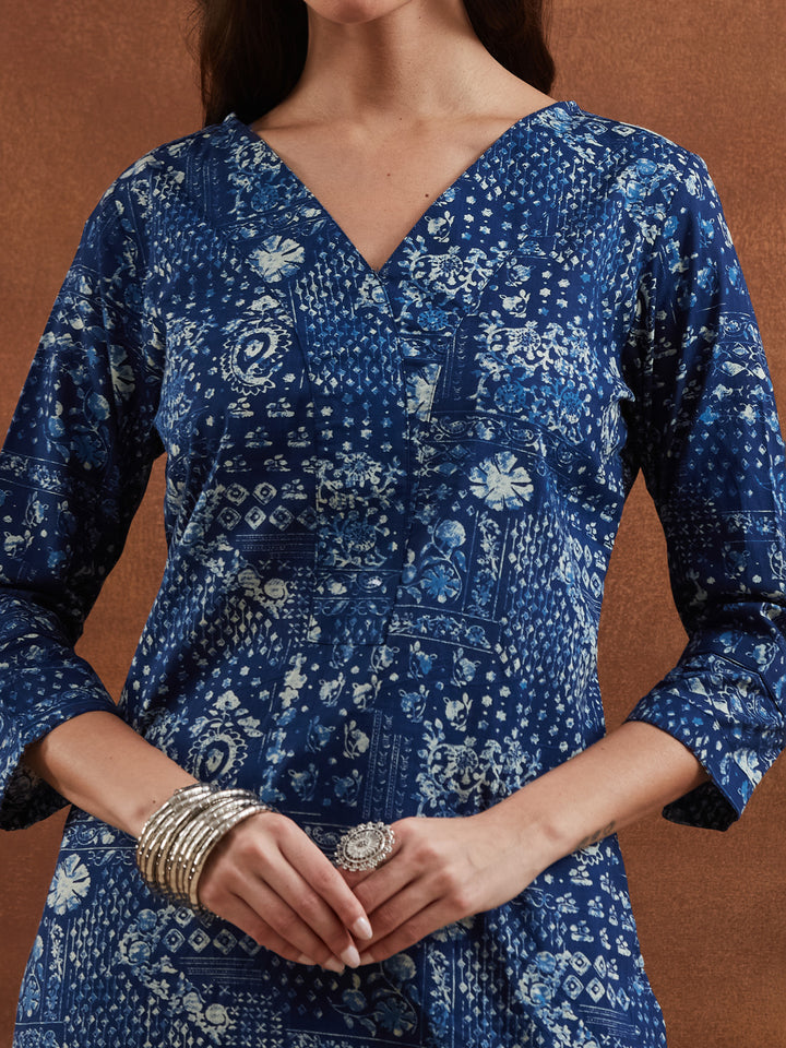 Divena Floral Printed Cotton Blue Straight Fit  Kurta Pant Sets