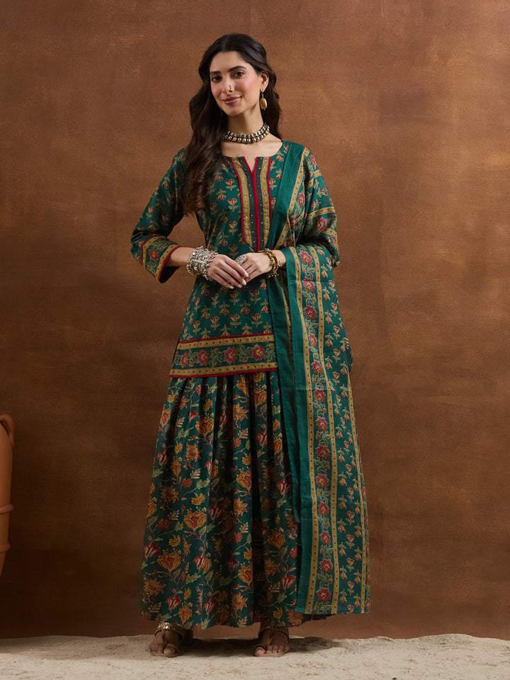 Divena Floral Printed Cotton Green Straight Fit  Kurta Sets