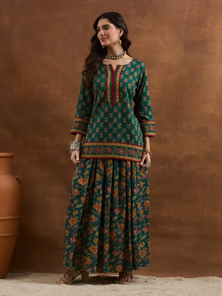 Divena Floral Printed Cotton Green Straight Fit  Kurta Sets