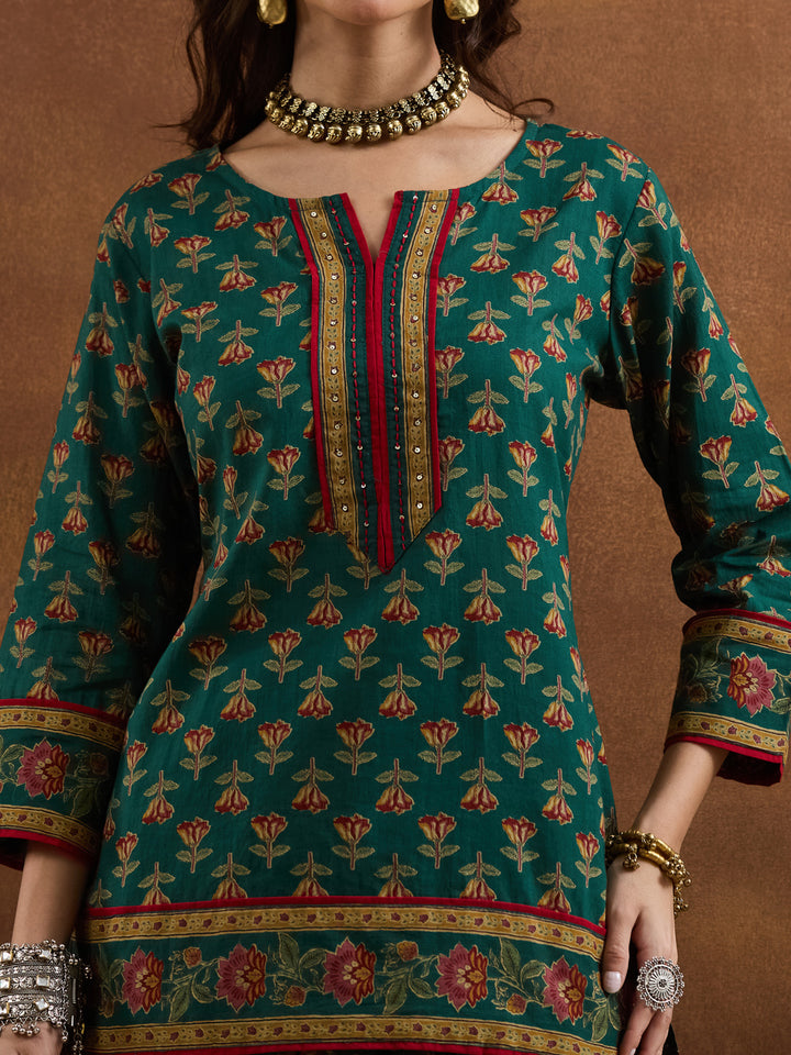 Divena Floral Printed Cotton Green Straight Fit  Kurta Sets