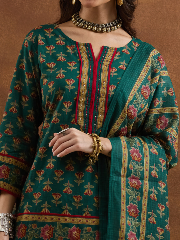 Divena Floral Printed Cotton Green Straight Fit  Kurta Sets