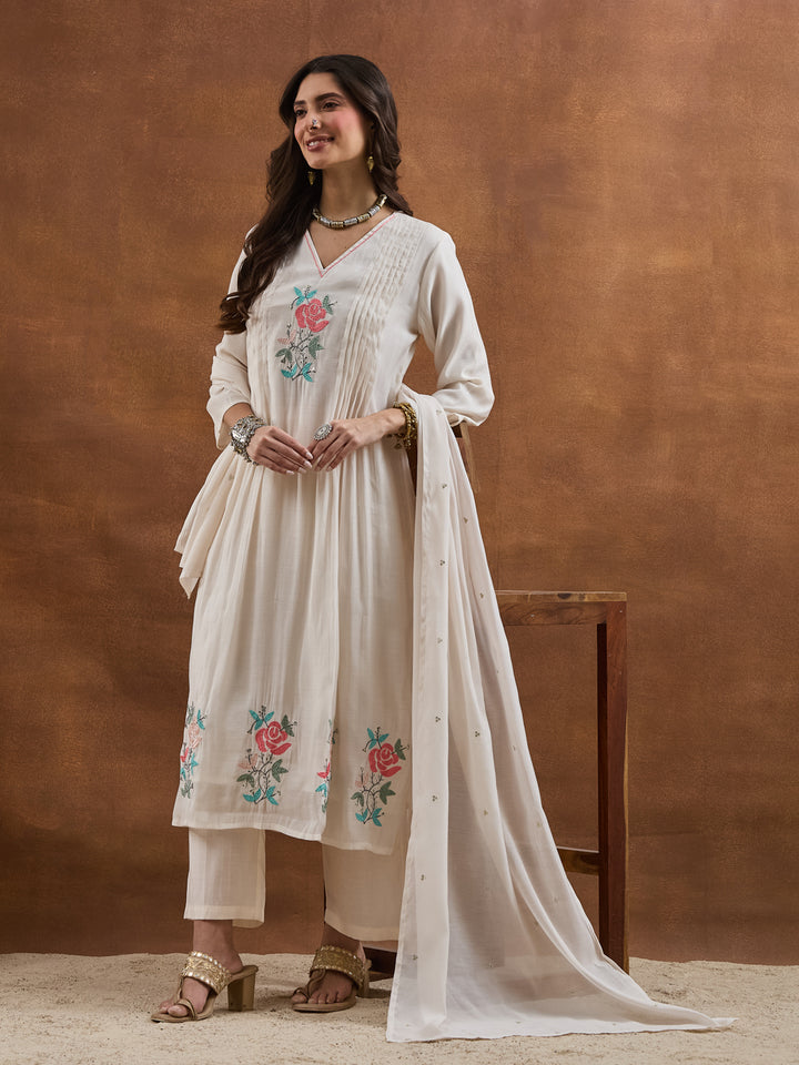 Divena Embroidered Chanderi White A-Line Fit Kurta Pant Dupatta Sets