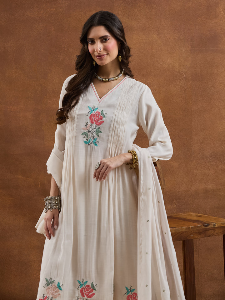 Divena Embroidered Chanderi White A-Line Fit Kurta Pant Dupatta Sets