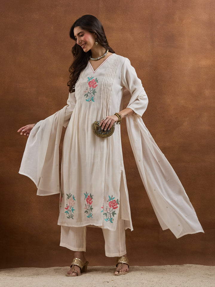 Divena Embroidered Chanderi White A-Line Fit Kurta Pant Dupatta Sets