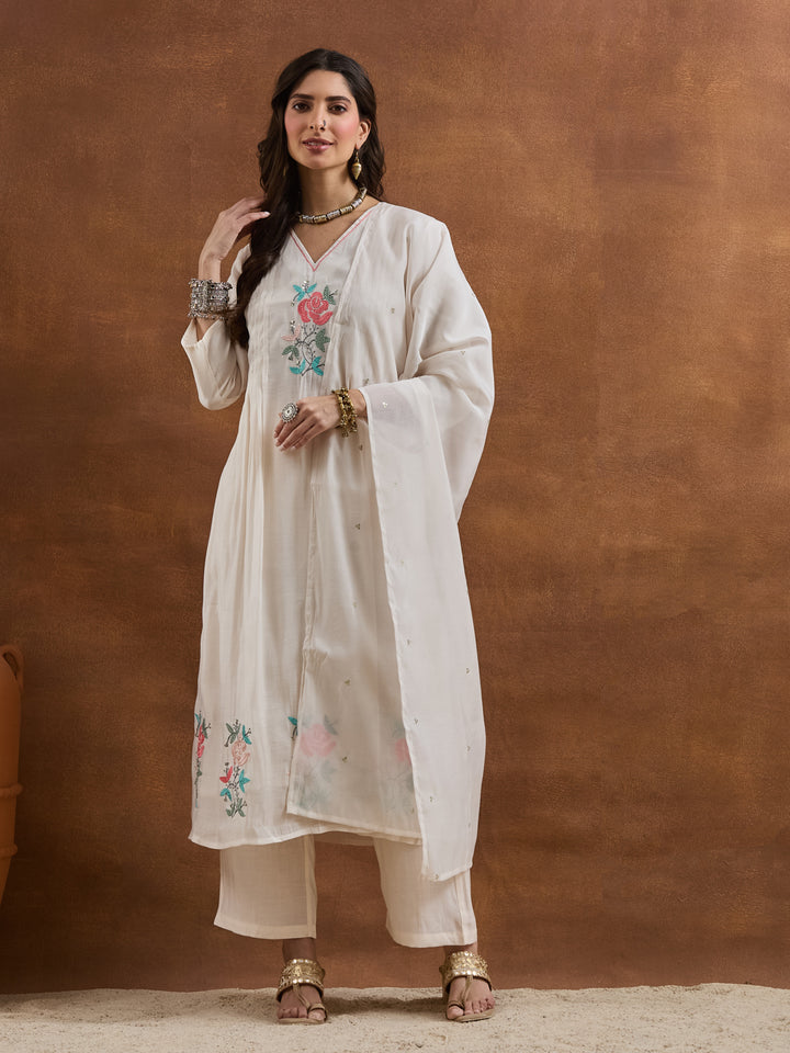 Divena Embroidered Chanderi White A-Line Fit Kurta Pant Dupatta Sets
