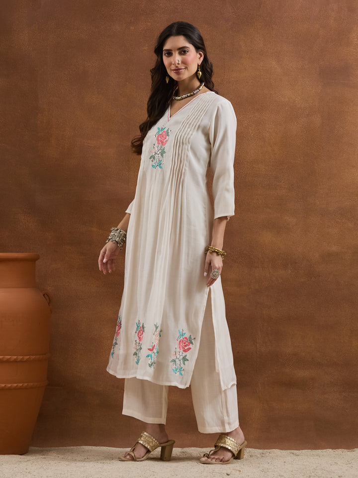 Divena Embroidered Chanderi White A-Line Fit Kurta Pant Dupatta Sets