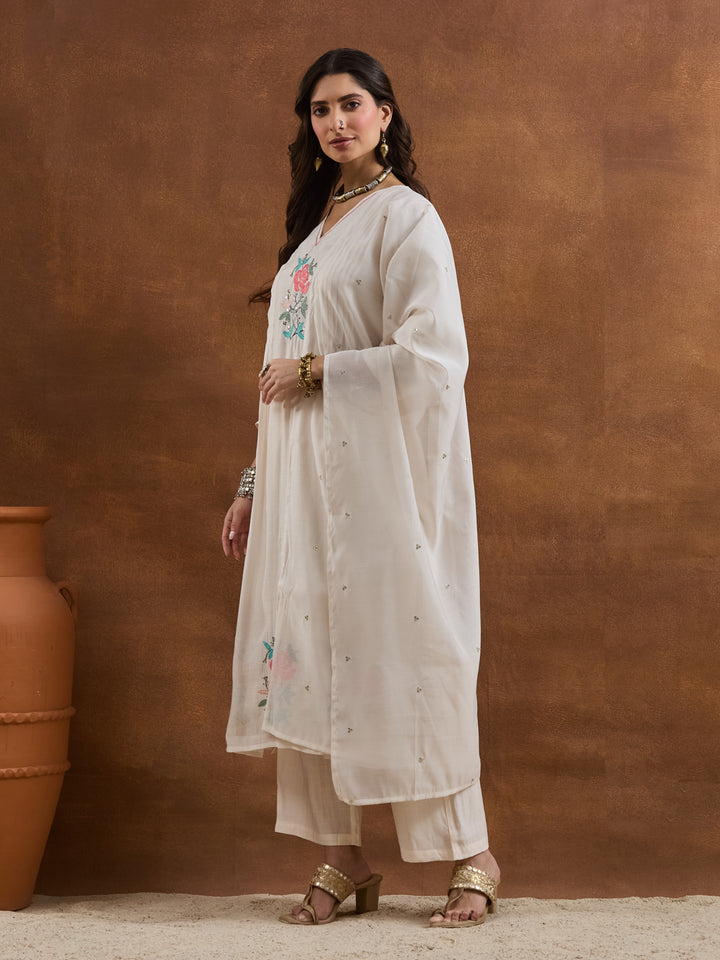 Divena Embroidered Chanderi White A-Line Fit Kurta Pant Dupatta Sets