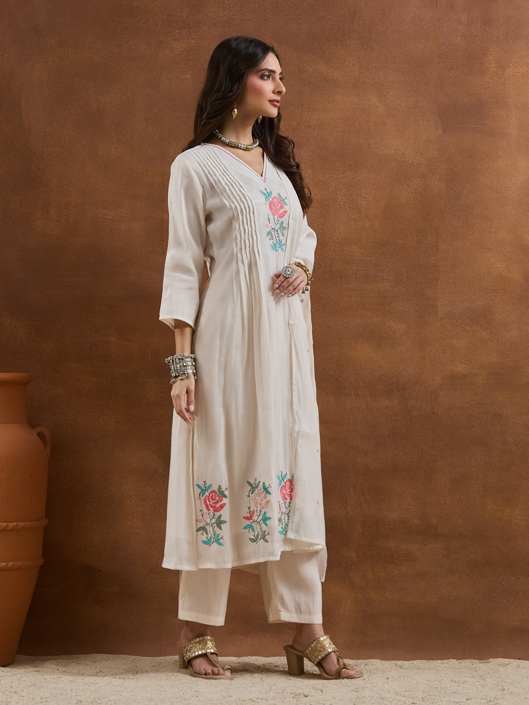 Divena Embroidered Chanderi White A-Line Fit Kurta Pant Dupatta Sets