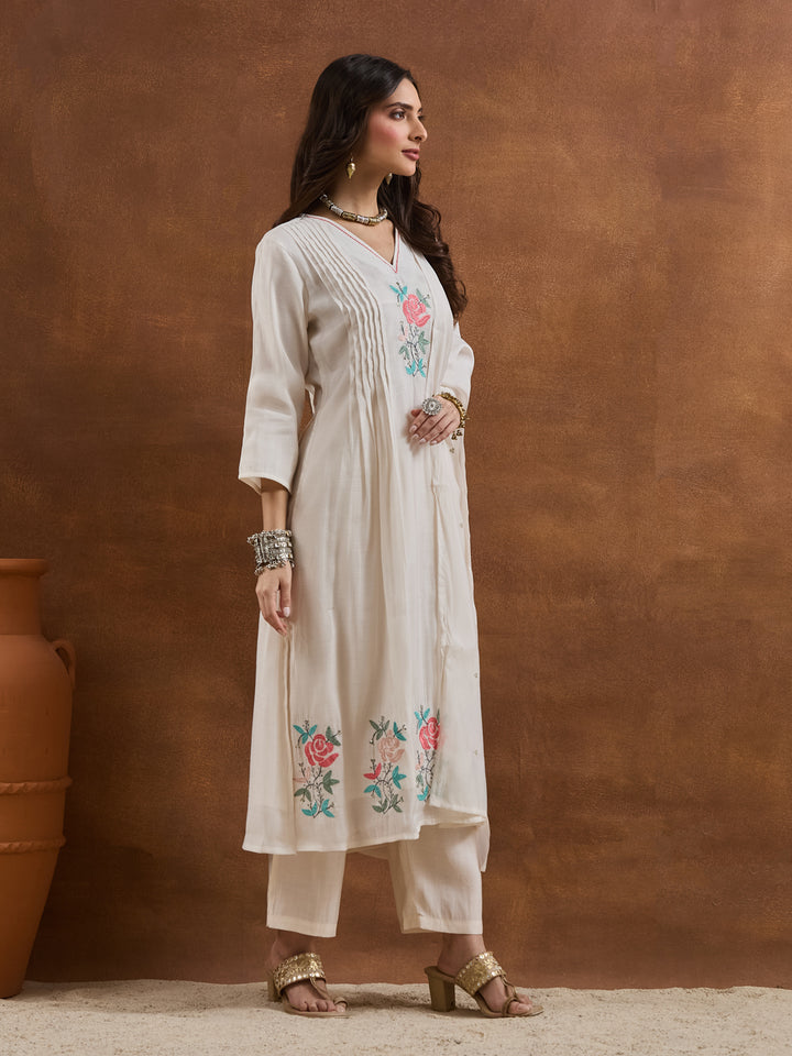 Divena Embroidered Chanderi White A-Line Fit Kurta Pant Dupatta Sets