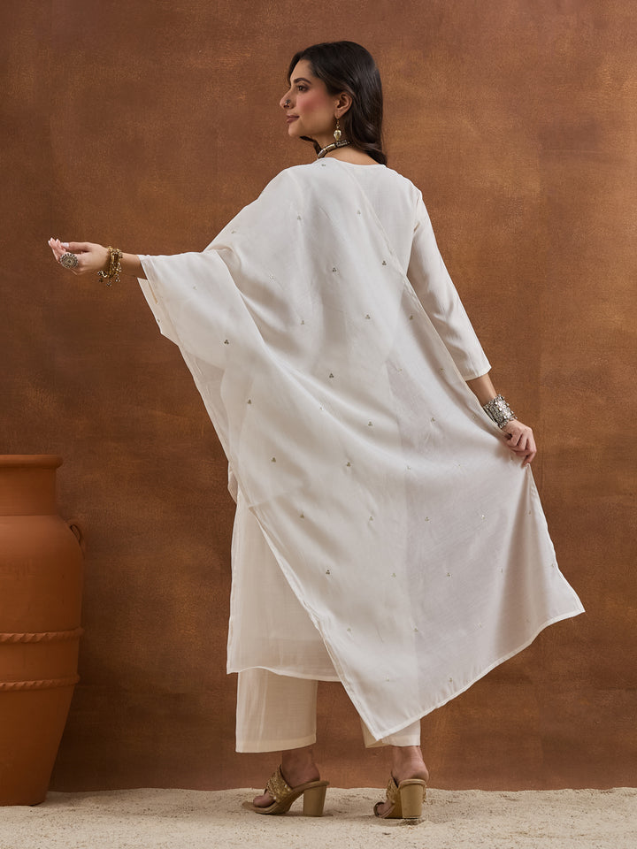 Divena Embroidered Chanderi White A-Line Fit Kurta Pant Dupatta Sets