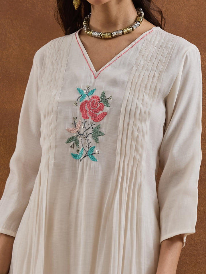 Divena Embroidered Chanderi White A-Line Fit Kurta Pant Dupatta Sets