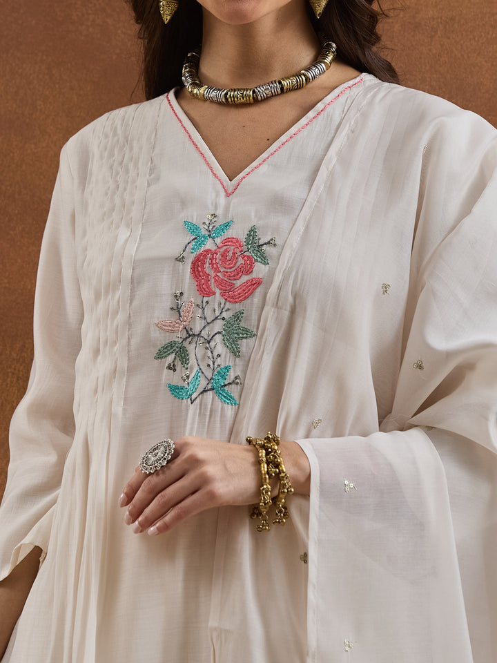 Divena Embroidered Chanderi White A-Line Fit Kurta Pant Dupatta Sets