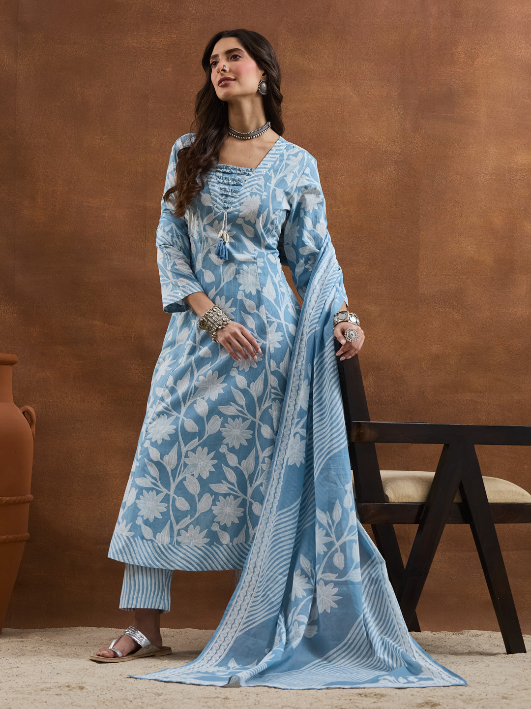 Divena Cotton Floral Printed Blue Anarkali Kurta Pant Dupatta Set