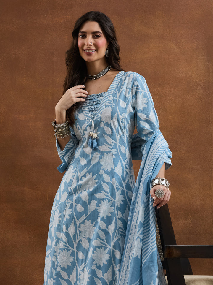 Divena Cotton Floral Printed Blue Anarkali Kurta Pant Dupatta Set