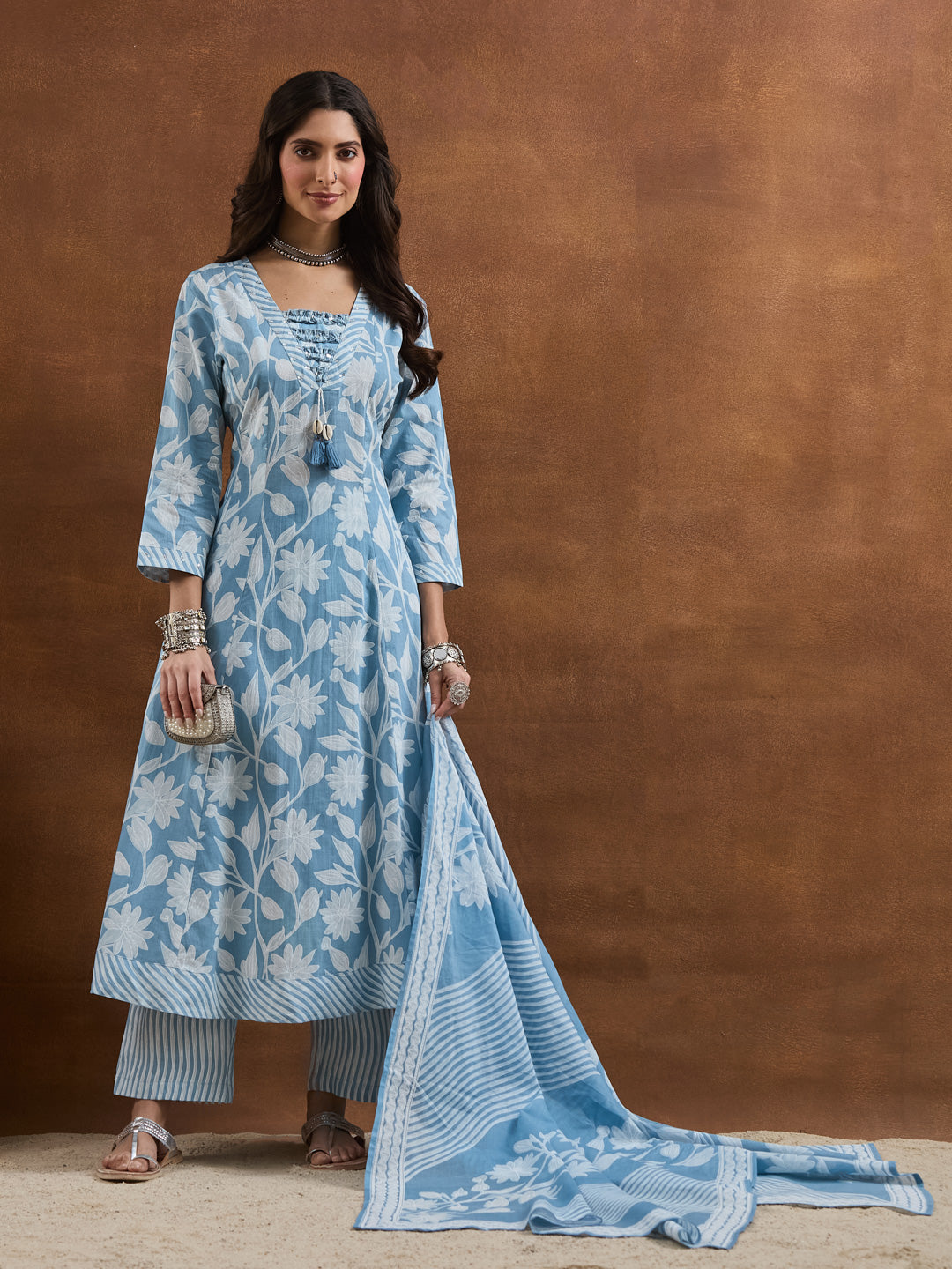 Divena Cotton Floral Printed Blue Anarkali Kurta Pant Dupatta Set