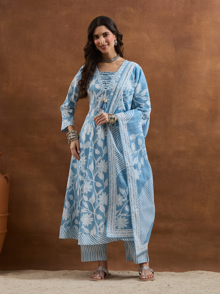 Divena Cotton Floral Printed Blue Anarkali Kurta Pant Dupatta Set