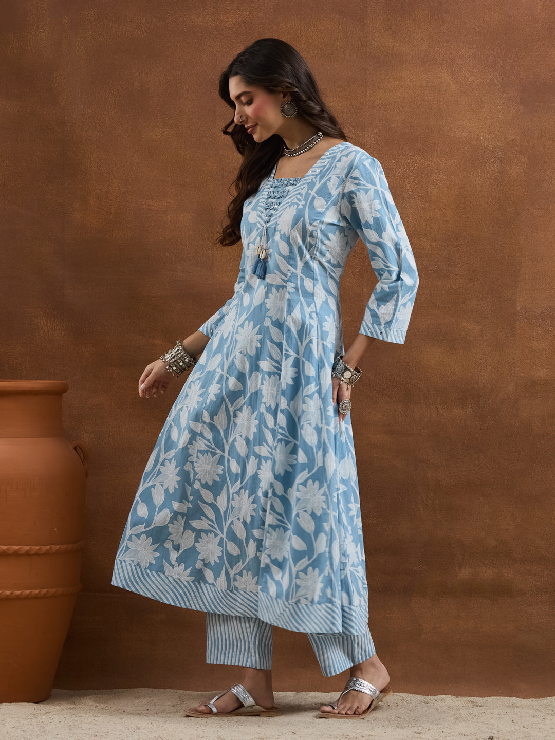 Divena Cotton Floral Printed Blue Anarkali Kurta Pant Dupatta Set