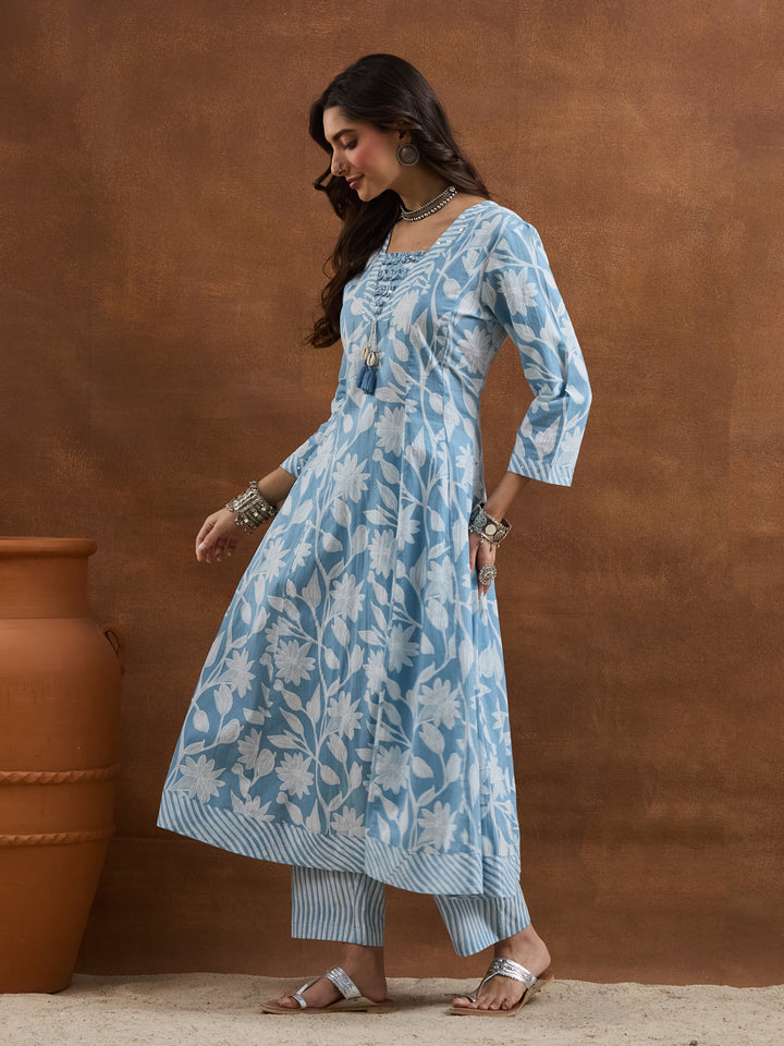 Divena Cotton Floral Printed Blue Anarkali Kurta Pant Dupatta Set