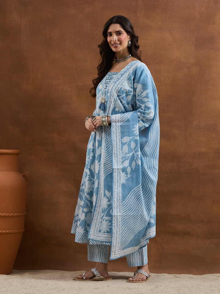 Divena Cotton Floral Printed Blue Anarkali Kurta Pant Dupatta Set