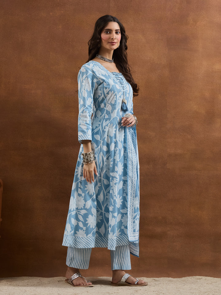 Divena Cotton Floral Printed Blue Anarkali Kurta Pant Dupatta Set