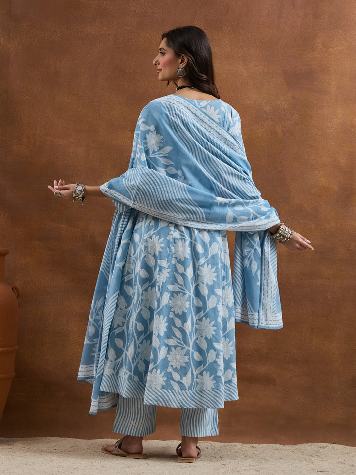 Divena Cotton Floral Printed Blue Anarkali Kurta Pant Dupatta Set