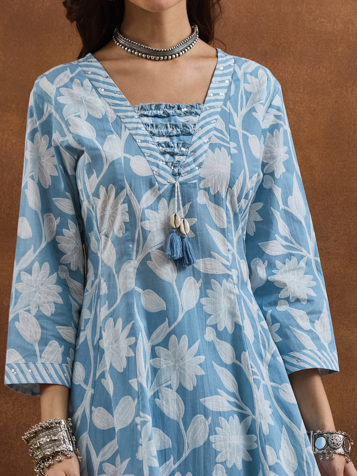 Divena Cotton Floral Printed Blue Anarkali Kurta Pant Dupatta Set