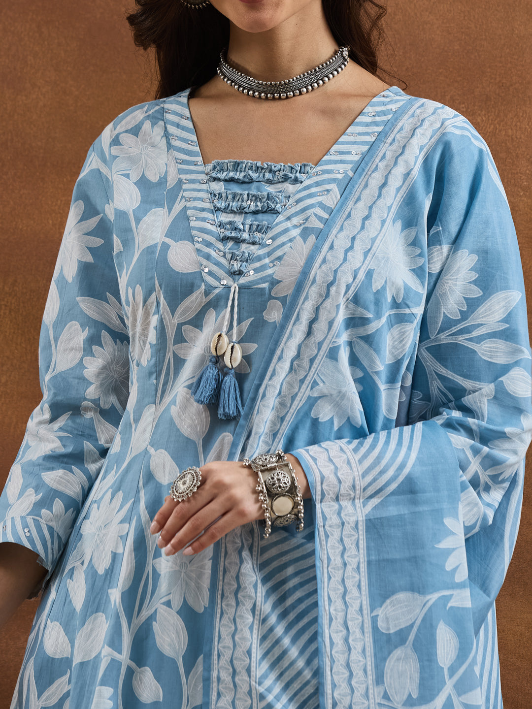 Divena Cotton Floral Printed Blue Anarkali Kurta Pant Dupatta Set