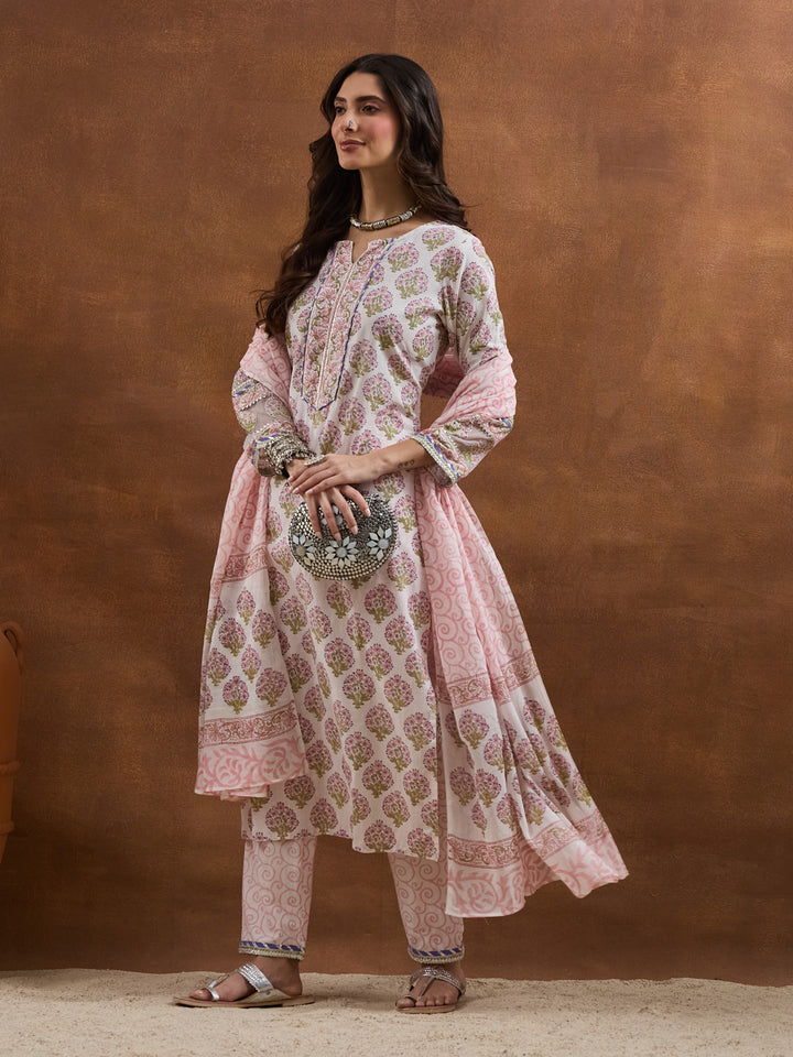 Divena Cotton Handblock Printed White Straight Fit  Kurta Sets