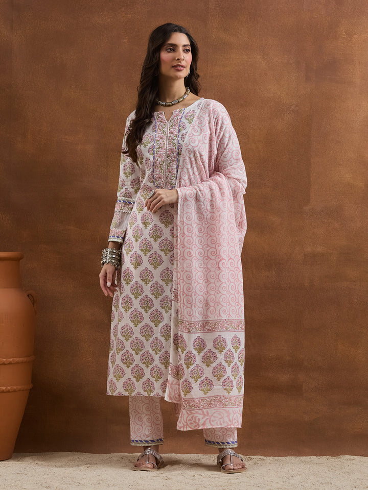 Divena Cotton Handblock Printed White Straight Fit  Kurta Sets