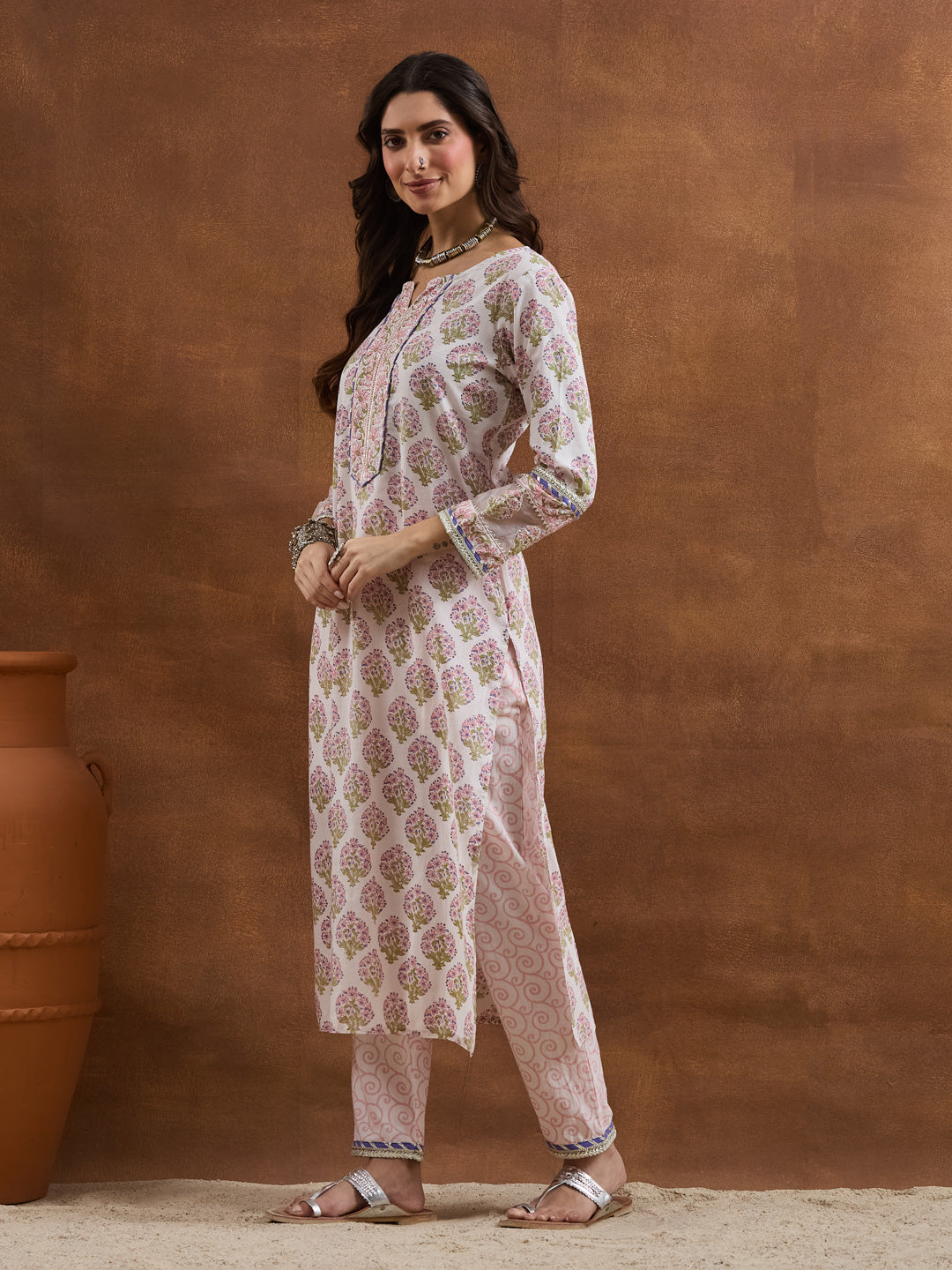 Divena Cotton Handblock Printed White Straight Fit  Kurta Sets