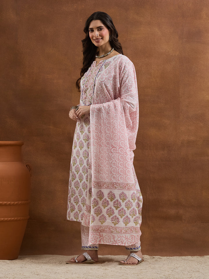 Divena Cotton Handblock Printed White Straight Fit  Kurta Sets
