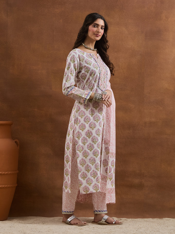 Divena Cotton Handblock Printed White Straight Fit  Kurta Sets