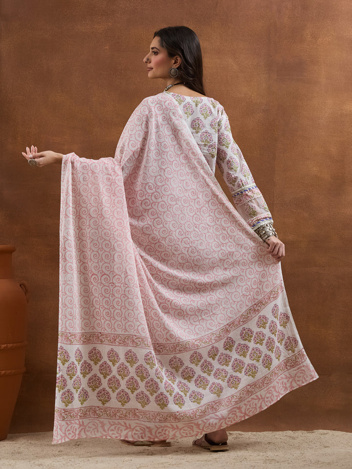 Divena Cotton Handblock Printed White Straight Fit  Kurta Sets