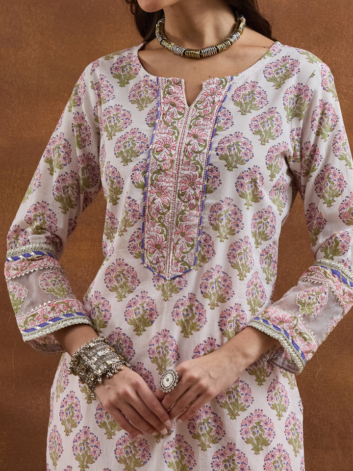 Divena Cotton Handblock Printed White Straight Fit  Kurta Sets